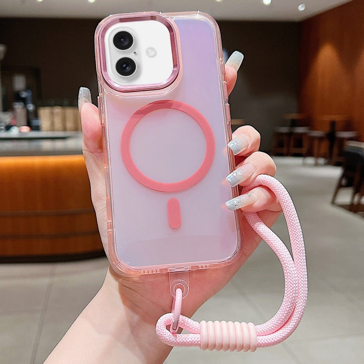 For iPhone 16 Bright Shadow  Magsafe Discoloration Phone Case with Wrist Strap(Pink) - iPhone 16 Cases by buy2fix | Online Shopping UK | buy2fix