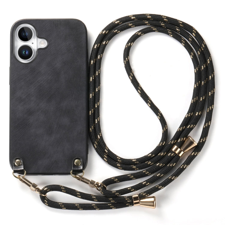 For iPhone 16 Vintage Leather PC Back Cover Phone Case with Crossbody Strap(Black) - iPhone 16 Cases by buy2fix | Online Shopping UK | buy2fix