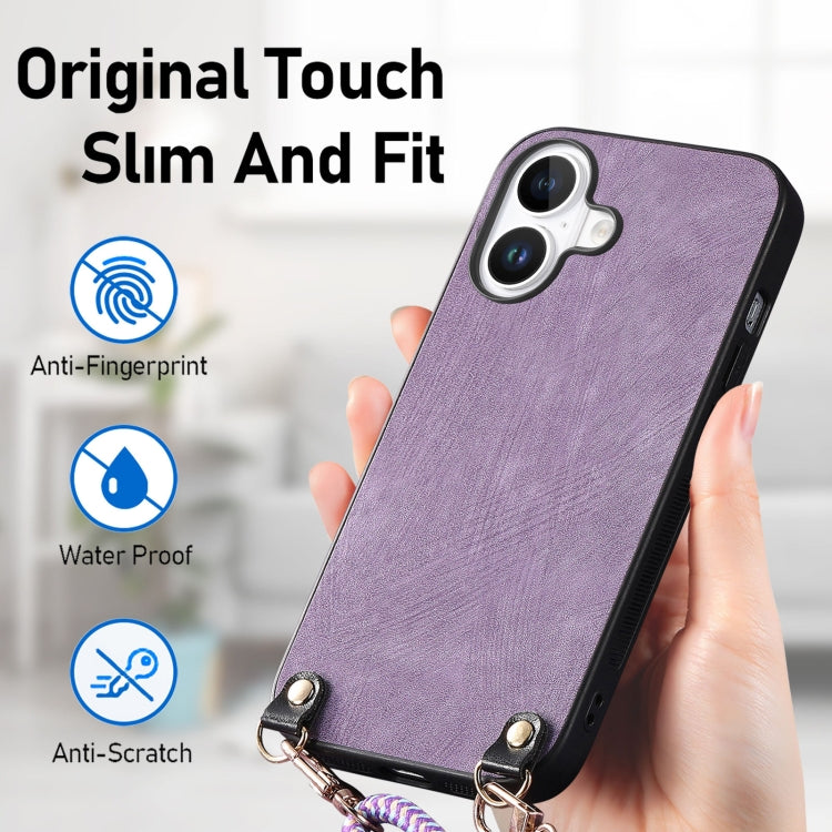 For iPhone 16 Vintage Leather PC Back Cover Phone Case with Crossbody Strap(Purple) - iPhone 16 Cases by buy2fix | Online Shopping UK | buy2fix