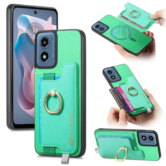 For Motorola Moto G Play 2024 4G Retro Magsafe Cross Leather Ring Holder Card Bag Phone Case(Green) - Motorola Cases by buy2fix | Online Shopping UK | buy2fix