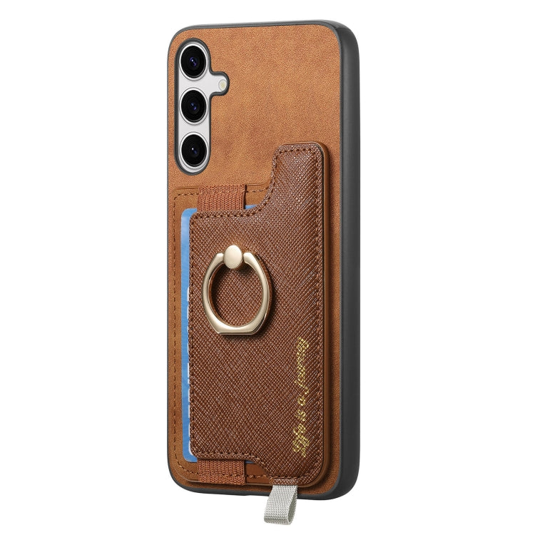 For Samsung Galaxy S25 Ultra 5G Retro Cross Leather Ring Horizontal Insert Card Bag MagSafe Phone Case(Brown) - Galaxy S25 Ultra 5G Cases by buy2fix | Online Shopping UK | buy2fix