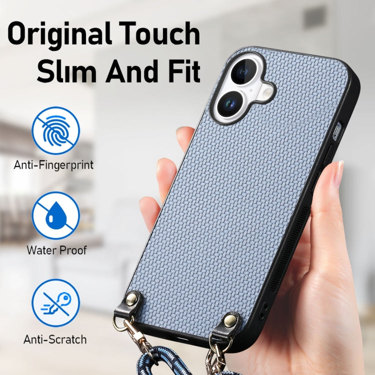 For iPhone 16 Carbon Fiber Texture Leather Back Phone Case with Crossbody Strap(Blue) - iPhone 16 Cases by buy2fix | Online Shopping UK | buy2fix