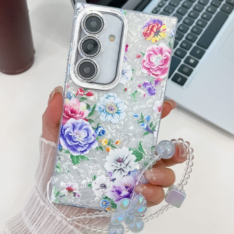 For Samsung Galaxy S25 5G Electroplating Flowers Plants Texture Wristband TPU Phone Case(Peony FL14) - Galaxy S25 5G Cases by buy2fix | Online Shopping UK | buy2fix