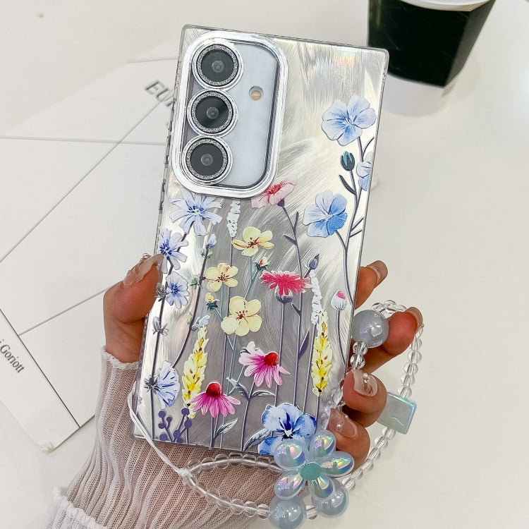 For Samsung Galaxy S25+ 5G Electroplating Flowers Plants Texture Wristband TPU Phone Case(Wildflower FL2) - Galaxy S25+ 5G Cases by buy2fix | Online Shopping UK | buy2fix