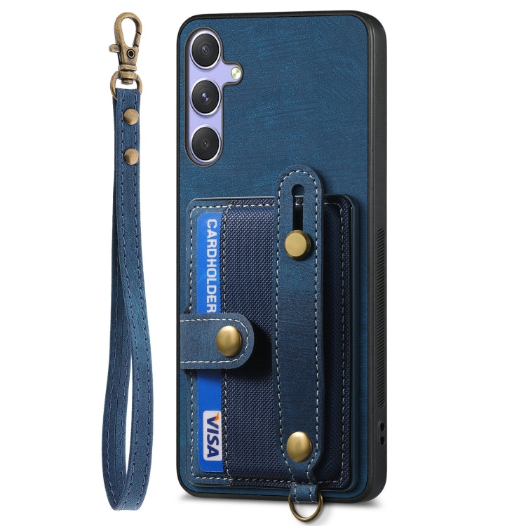 For Samsung Galaxy S25 5G Retro Cross Wristband Wallet Leather Back Phone Case(Blue) - Galaxy S25 5G Cases by buy2fix | Online Shopping UK | buy2fix