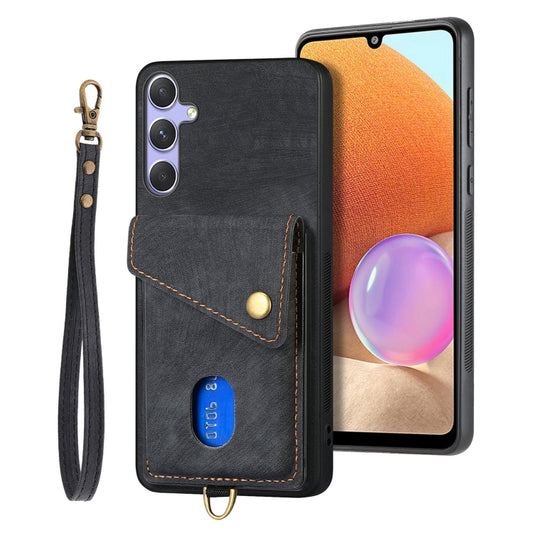 For Samsung Galaxy S25 5G Retro Card Wallet Fold Leather Phone Case with Strap(Black) - Galaxy S25 5G Cases by buy2fix | Online Shopping UK | buy2fix