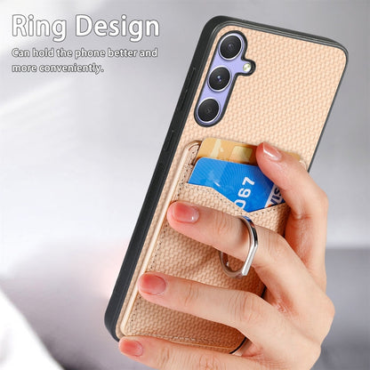 For Samsung Galaxy S25+ 5G Carbon Fiber Card Wallet Ring Phone Case(Khaki) - Galaxy S25+ 5G Cases by buy2fix | Online Shopping UK | buy2fix