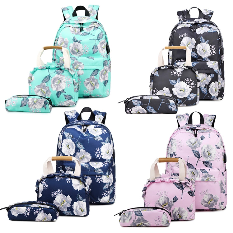 1909-1 3 PCS/Set Printed Backpack Small Fresh Student School Bag Computer Bag Lunch Backpack(Green) - Double-shoulder Bags by buy2fix | Online Shopping UK | buy2fix