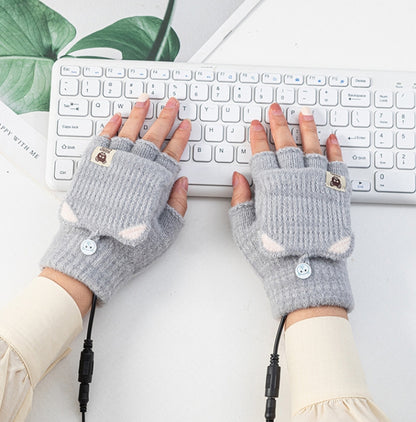 Winter Office USB Heating Warm Half Finger with Cover Gloves Heated Pad, Size: Free Size(Gray) - Safety Gloves by buy2fix | Online Shopping UK | buy2fix