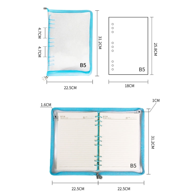 B5 9 Rings Loose-leaf Journal Clear PVC Cover Zipper Planner Notebook Without Inner Pages(Sky Blue) - Notebooks by buy2fix | Online Shopping UK | buy2fix