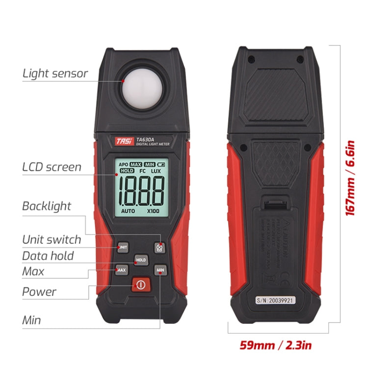 TASI TA630A Integrated Digital Light Meter Illuminance Lux Meter Backlight LCD Display 0.1-200000LUX/0.01-20000FC Light Sensor Tester - Light & Sound Meter by TASI | Online Shopping UK | buy2fix