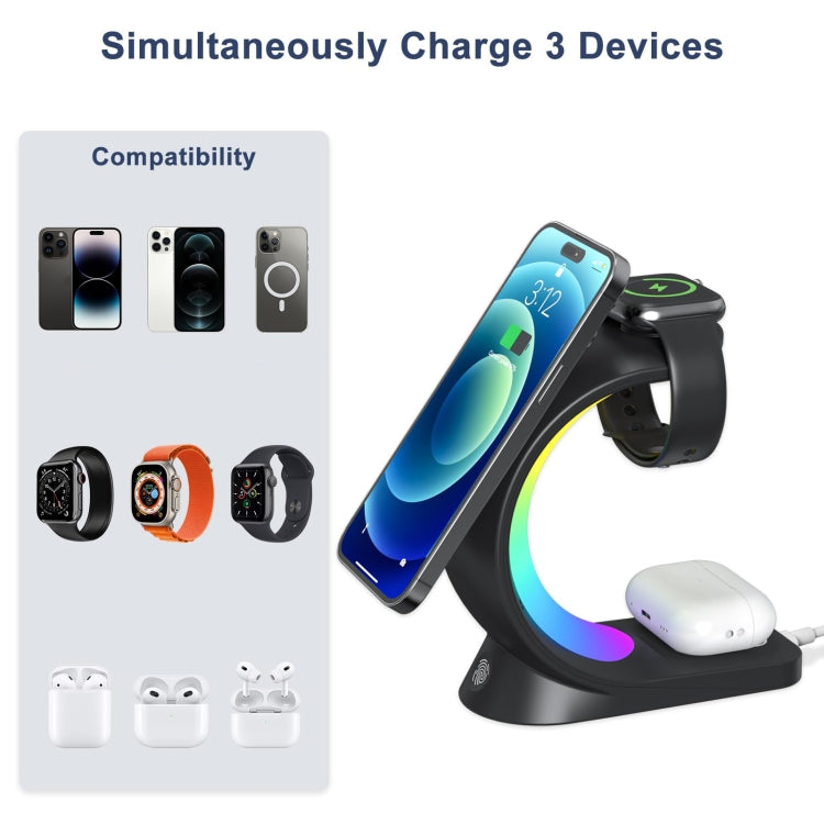 T17 3-in-1 RGB Atmosphere Light MagSafe Phone Watch Earphone Wireless Charger, Color: Black with  UK Plug - Wireless Charger by buy2fix | Online Shopping UK | buy2fix