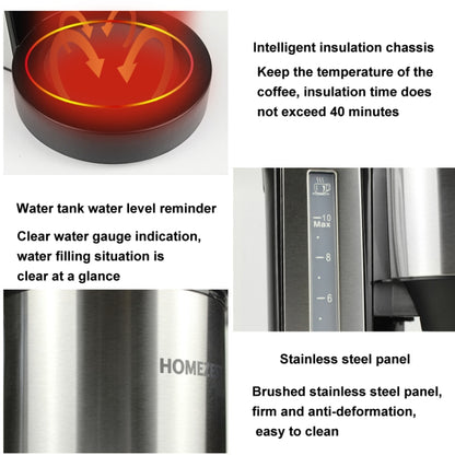 HOMEZEST 750W Drip Coffee Maker and Tea Brewer Stainless Steel Panel with 1.25L Glass Carafe, 12-Cup Large Capacity(Black UK Plug) - Coffee Tools by HOMEZEST | Online Shopping UK | buy2fix