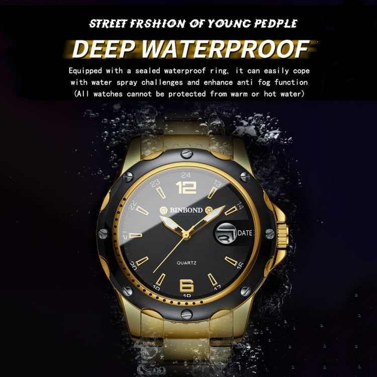BINBOND B9696 Outdoor Calendar Luminous Waterproof Quartz Watch, Color: White Steel-Black - Metal Strap Watches by BINBOND | Online Shopping UK | buy2fix