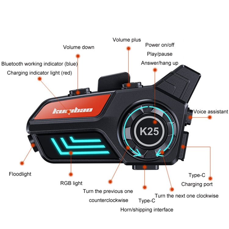 KUQIBAO Motorcycle Helmet Waterproof Bluetooth Headset With Light(Hard Microphone) - Motorcycle Walkie Talkie by KUQIBAO | Online Shopping UK | buy2fix