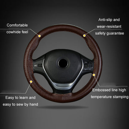 38cm Four-season Embossed Cowhide Hand-sewn Steering Wheel Cover(Wine Red) - Steering Wheel Accessories by buy2fix | Online Shopping UK | buy2fix