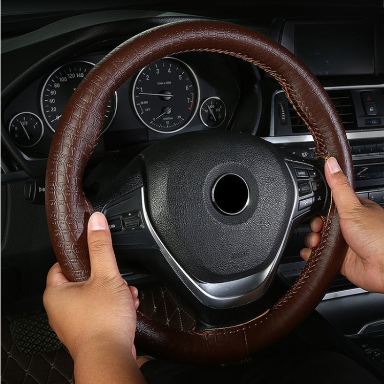 38cm Four-season Embossed Cowhide Hand-sewn Steering Wheel Cover(Brown) - Steering Wheel Accessories by buy2fix | Online Shopping UK | buy2fix