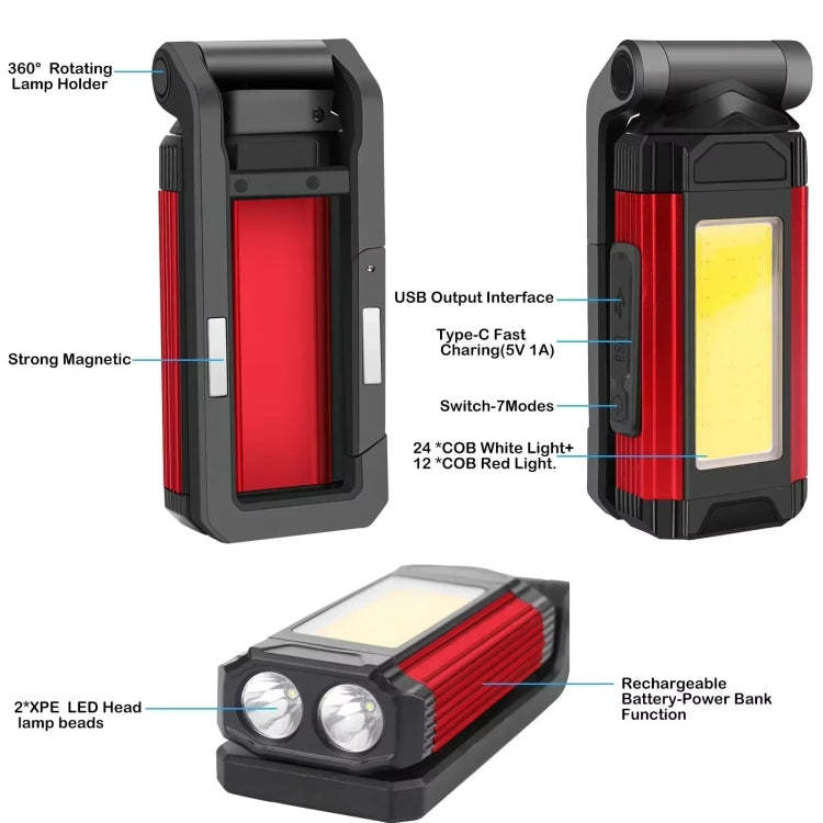 E-SMARTER K011 USB Rechargeable Repair Light With Magnet COB Strong Light Flashlight, Style: A Foldable Red - Other Tools by E-SMARTER | Online Shopping UK | buy2fix