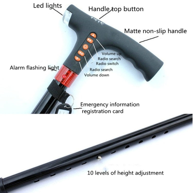 Ten-speed Adjustable Cane With Light And Radio Alarm For The Elderly - Folding Crutch by buy2fix | Online Shopping UK | buy2fix