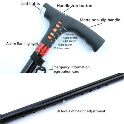 Ten-speed Adjustable Cane With Light And Radio Alarm For The Elderly - Folding Crutch by buy2fix | Online Shopping UK | buy2fix