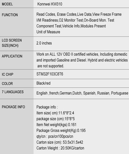 KONNWEI KW310 OBD Car Fault Detector Code Reader ELM327 OBD2 Scanner Diagnostic Tool(Red) - Code Readers & Scan Tools by KONNWEI | Online Shopping UK | buy2fix