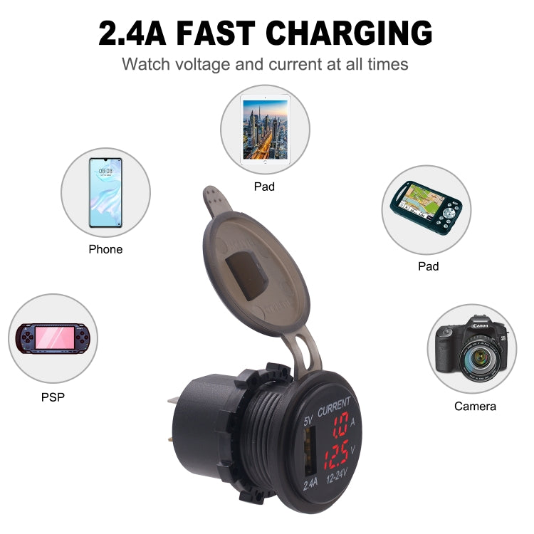 Universal Car Single Port USB Charger Power Outlet Adapter 2.4A 5V IP66 with LED Digital Voltmeter + Ammeter(Red Light) - Car Charger by buy2fix | Online Shopping UK | buy2fix
