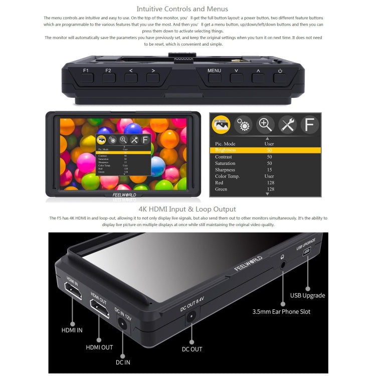FEELWORLD F6S Full HD 1920x1080 5.0 inch IPS Screen DSLR Camera Field Monitor with Tilt Arm, Support 4K HDTV Input / Output - Camera Accessories by FEELWORLD | Online Shopping UK | buy2fix