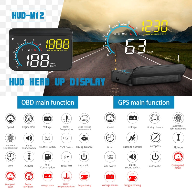 M12 OBD2 + GPS Mode Car Head-up Display HUD Overspeed / Speed / Water Temperature / Low Voltage / Fault Alarm -  by buy2fix | Online Shopping UK | buy2fix