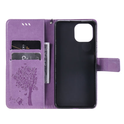 For Xiaomi Mi 11 Lite 5G Tree & Cat Pattern Pressed Printing Horizontal Flip PU Leather Case with Holder & Card Slots & Wallet & Lanyard(Light Purple) - Xiaomi Cases by Diaobaolee | Online Shopping UK | buy2fix