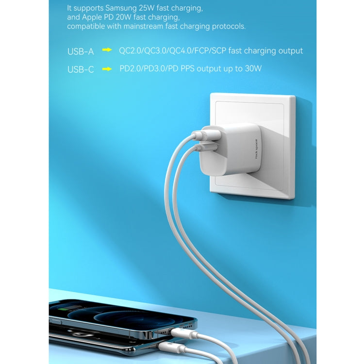 ROCK T51 30W Type-C / USB-C + USB PD Dual Ports Fast Charging Travel Charger Power Adapter, EU Plug(White) - Apple Accessories by ROCK | Online Shopping UK | buy2fix