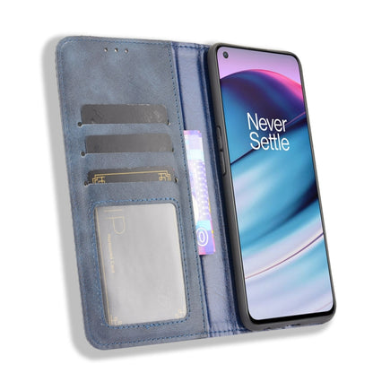 For OnePlus Nord CE 5G Magnetic Buckle Retro Crazy Horse Texture Horizontal Flip Leather Case with Holder & Card Slots & Photo Frame(Blue) - OnePlus Cases by buy2fix | Online Shopping UK | buy2fix