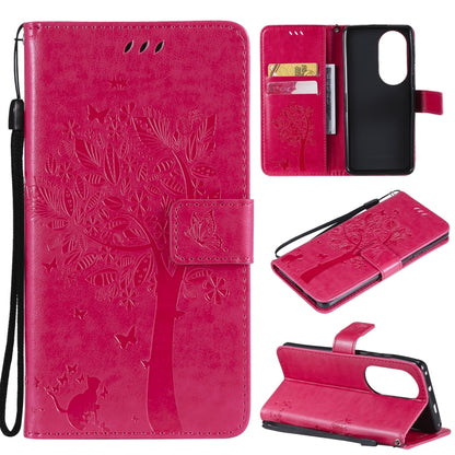 For Huawei P50 Pro Tree & Cat Pattern Pressed Printing Horizontal Flip PU Leather Case with Holder & Card Slots & Wallet & Lanyard(Rose Red) - Huawei Cases by buy2fix | Online Shopping UK | buy2fix