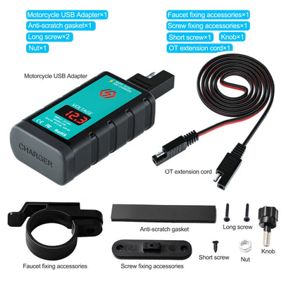 WUPP ZH-1422B2 DC12-24V Motorcycle Square Single USB + PD Fast Charging Charger with Switch + Voltmeter + Integrated SAE Socket + 1m SAE Socket Cable - Battery Charger by WUPP | Online Shopping UK | buy2fix