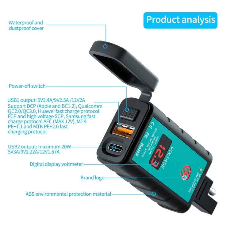 WUPP ZH-1422B2 DC12-24V Motorcycle Square Single USB + PD Fast Charging Charger with Switch + Voltmeter + Integrated SAE Socket + 1m SAE Socket Cable - Battery Charger by WUPP | Online Shopping UK | buy2fix