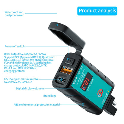 WUPP ZH-1422B2 DC12-24V Motorcycle Square Single USB + PD Fast Charging Charger with Switch + Voltmeter + Integrated SAE Socket + 1m SAE Socket Cable - Battery Charger by WUPP | Online Shopping UK | buy2fix