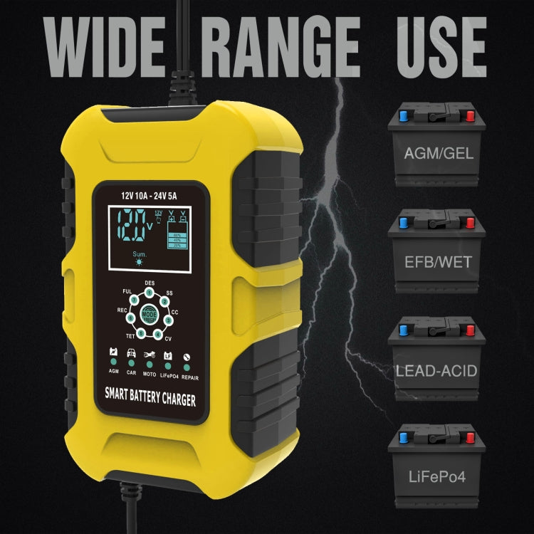 FOXSUR 10A 12V 7-segment Motorcycle / Car Smart Battery Charger, Plug Type:US Plug(Yellow) - Battery Charger by FOXSUR | Online Shopping UK | buy2fix