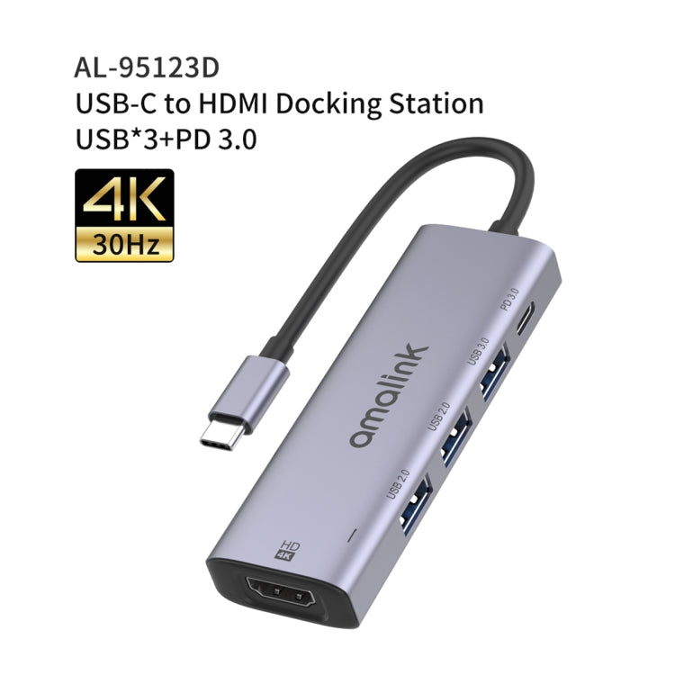 amalink 95123D Type-C / USB-C to HDMI + 3 Ports USB + PD 3.0 Multi-function HUB(Grey) - Computer & Networking by amalink | Online Shopping UK | buy2fix