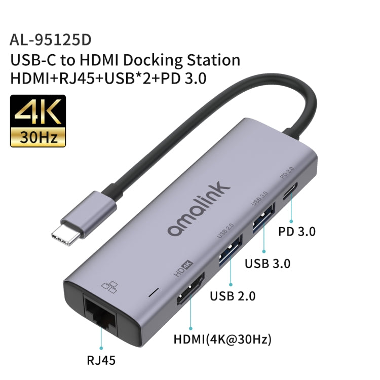 amalink 95125D Type-C / USB-C to HDMI + RJ45 + 2 Ports USB + PD 3.0 Multi-function HUB(Grey) - USB HUB by amalink | Online Shopping UK | buy2fix