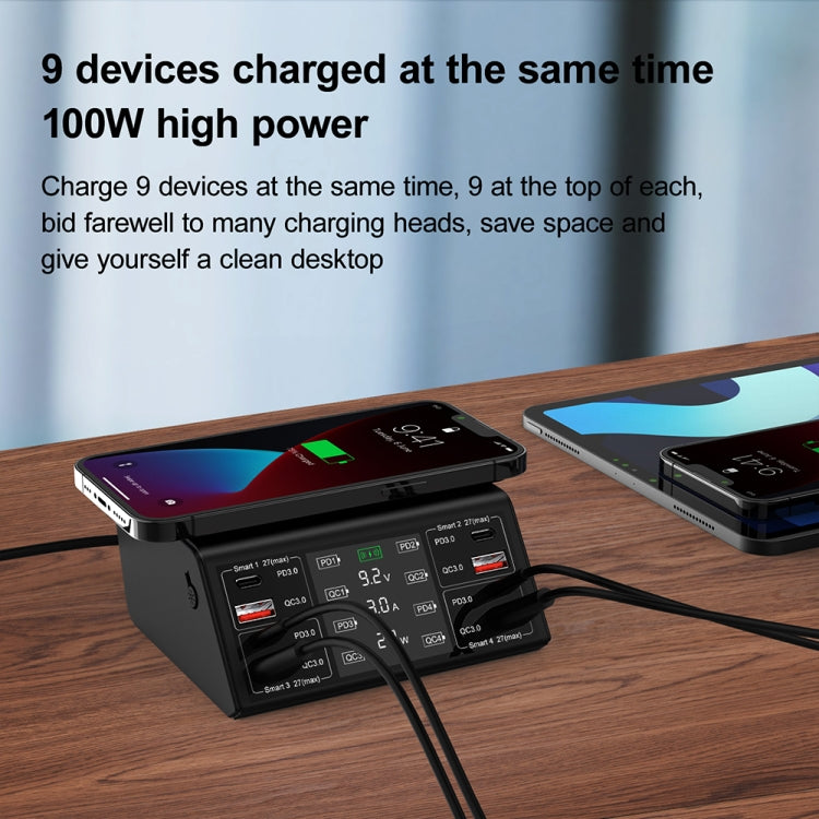 838w 9 in 1 100W 4 PD 3.0 USB-C / Type-C + 4 QC 3.0 USB Ports Smart Digital Display Wireless Charger, US Plug(Black) - Multifunction Charger by buy2fix | Online Shopping UK | buy2fix