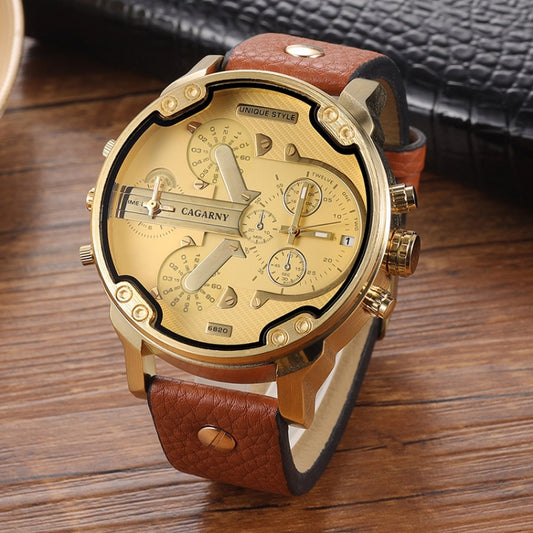 CAGARNY 6820 Round Large Dial Leather Band Quartz Dual Movement Watch For Men(Gold Surface Light Brown Band) - Leather Strap Watches by CAGARNY | Online Shopping UK | buy2fix