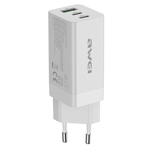 awei PD9 65W Dual Type-C / USB-C + USB GaN Fast Charging Travel Charger, EU Plug(White) - Apple Accessories by awei | Online Shopping UK | buy2fix