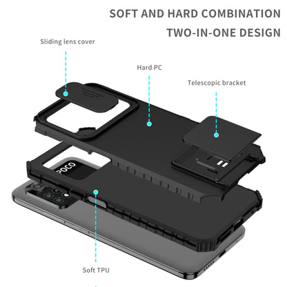 For Xiaomi Poco M4 Pro 4G Stereoscopic Holder Sliding Camshield Phone Case(Black) - Xiaomi Cases by buy2fix | Online Shopping UK | buy2fix