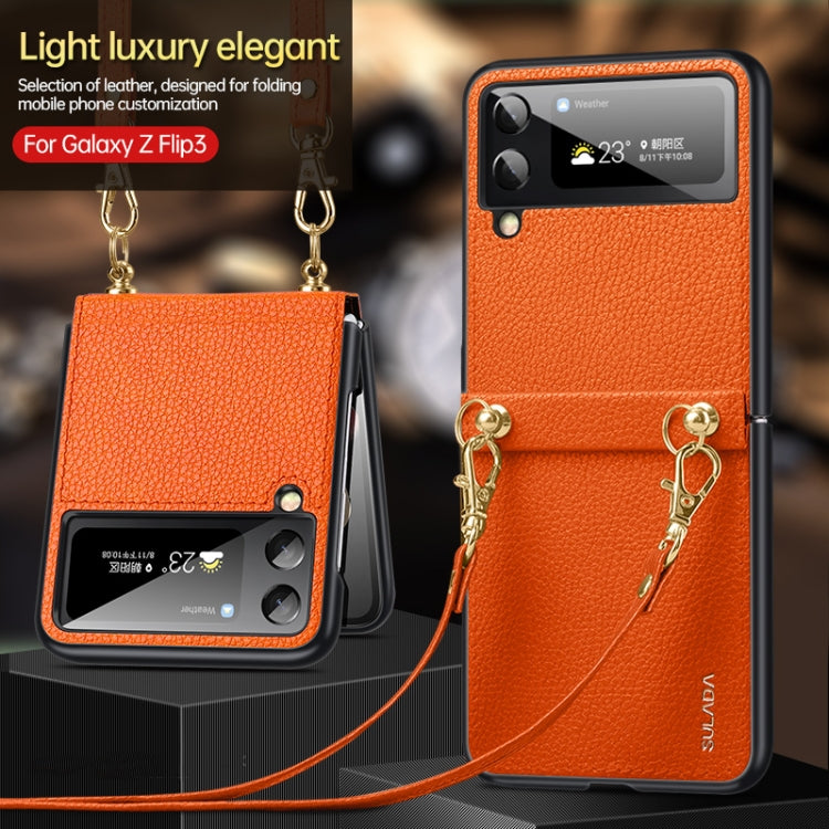 For Samsung Galaxy Z Flip3 5G SULADA Litchi Texture Leather + TPU Phone Case with Strap(Orange) - Galaxy Phone Cases by SULADA | Online Shopping UK | buy2fix