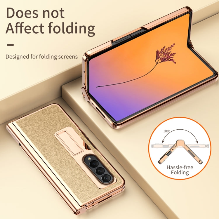 For Samsung Galaxy Z Fold4 Litchi Texture Leather Hinged Electroplated Phone Case with Pen(Gold) - Galaxy Z Fold4 5G Cases by buy2fix | Online Shopping UK | buy2fix