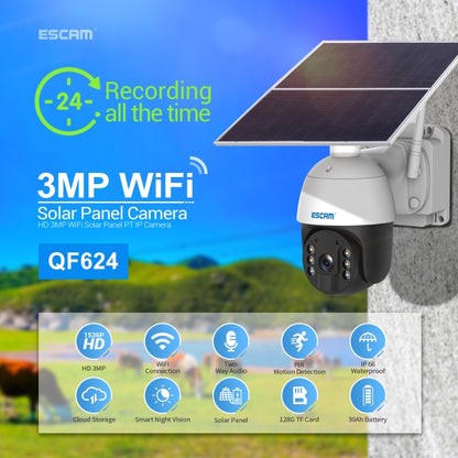 ESCAM QF624 3MP HD IP66 Waterproof WiFi Solar Panel PT IP Camera without Battery - Bullet Camera by ESCAM | Online Shopping UK | buy2fix