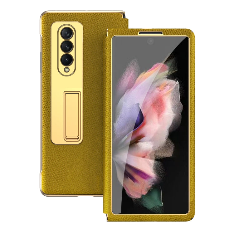 For Samsung Galaxy Z Fold4 Cross Texture Integrated Electroplating Hinge Flip Phone Case with Tempered Film(Gold) - Galaxy Z Fold4 5G Cases by buy2fix | Online Shopping UK | buy2fix