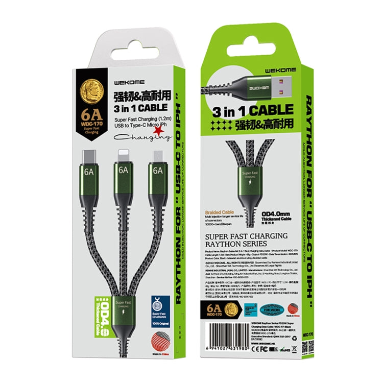 WEKOME WDC-170 Raython Series 6A 3 in 1 USB to 8 Pin+Type-C+Micro USB Fast Charge Data Cable Length: 1.2m(Black) - Multifunctional Cable by WK | Online Shopping UK | buy2fix