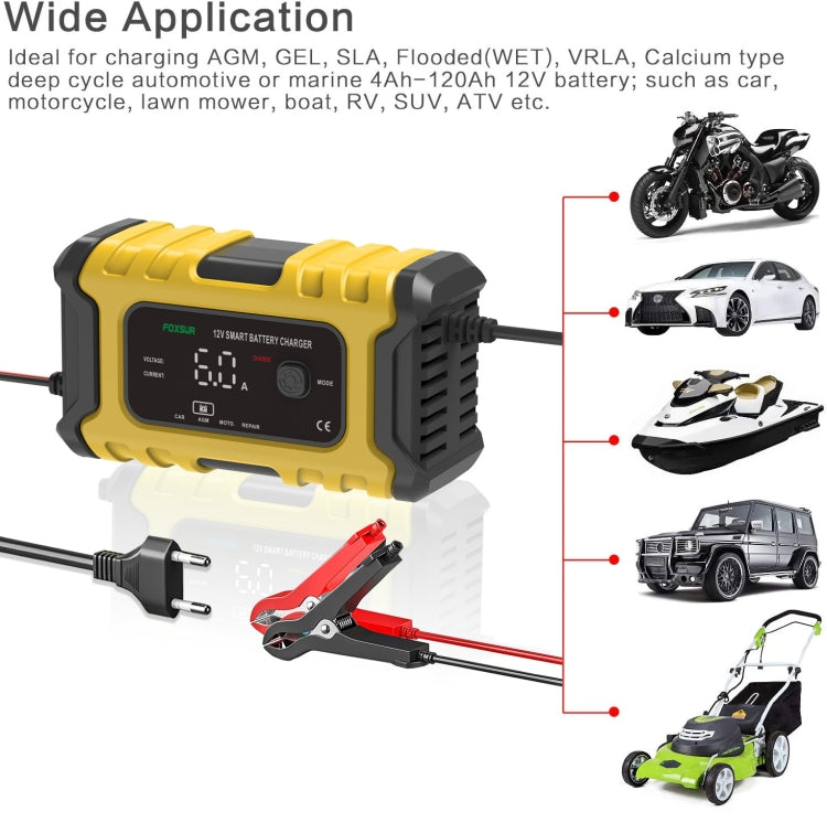 FOXSUR 6A 12V Motorcycle / Car Smart Battery Charger, Plug Type:UK Plug(Yellow) - Battery Charger by FOXSUR | Online Shopping UK | buy2fix