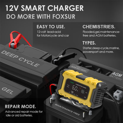 FOXSUR 6A 12V Motorcycle / Car Smart Battery Charger, Plug Type:UK Plug(Yellow) - Battery Charger by FOXSUR | Online Shopping UK | buy2fix