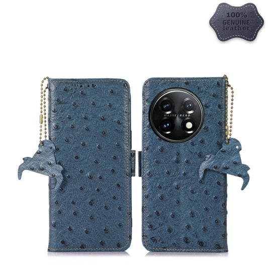 For OnePlus 11 5G Ostrich Pattern Genuine Leather RFID Phone Case(Blue) - OnePlus Cases by buy2fix | Online Shopping UK | buy2fix
